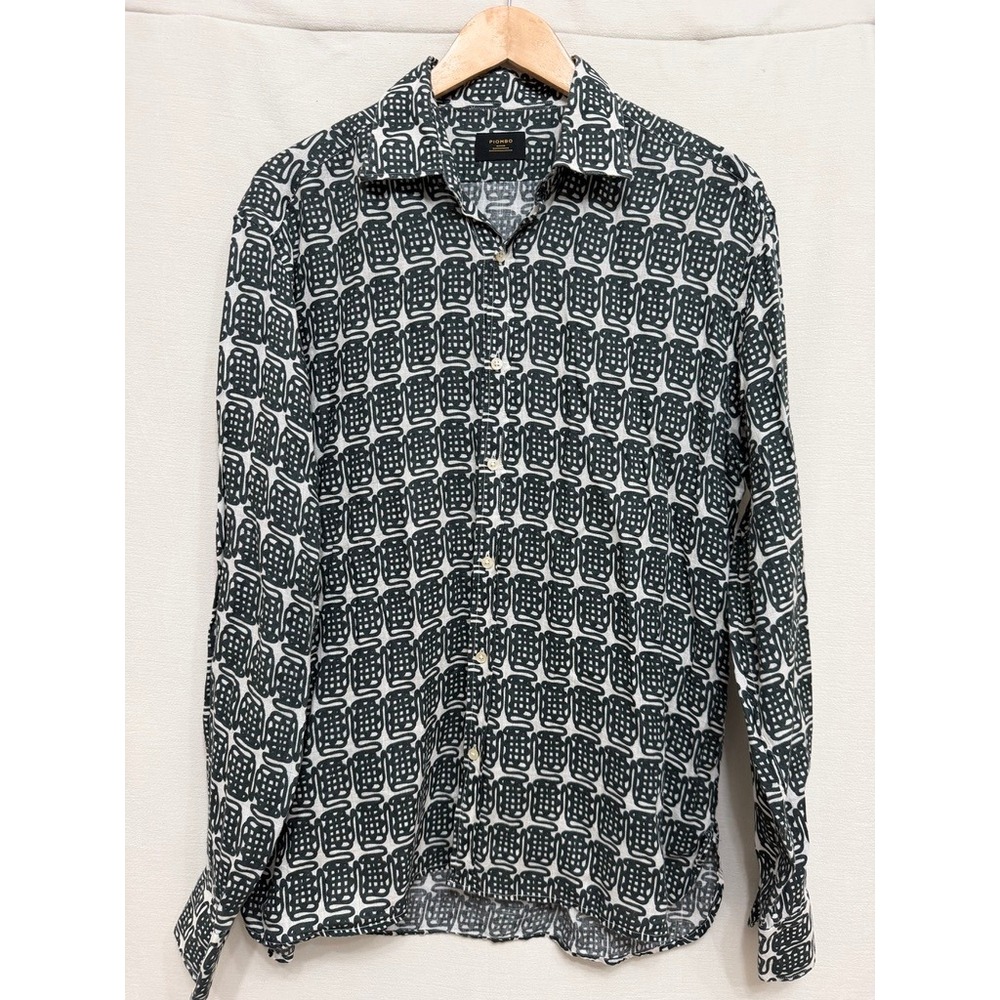 Piombo Men's Black White Geometric Print 100% Linen Button Down Shirt Size 41